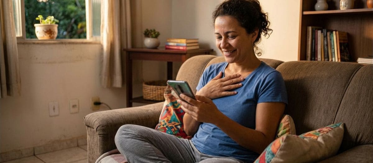 Mulher sentada no sofá de casa confere a resposta do pedido de empréstimo no celular