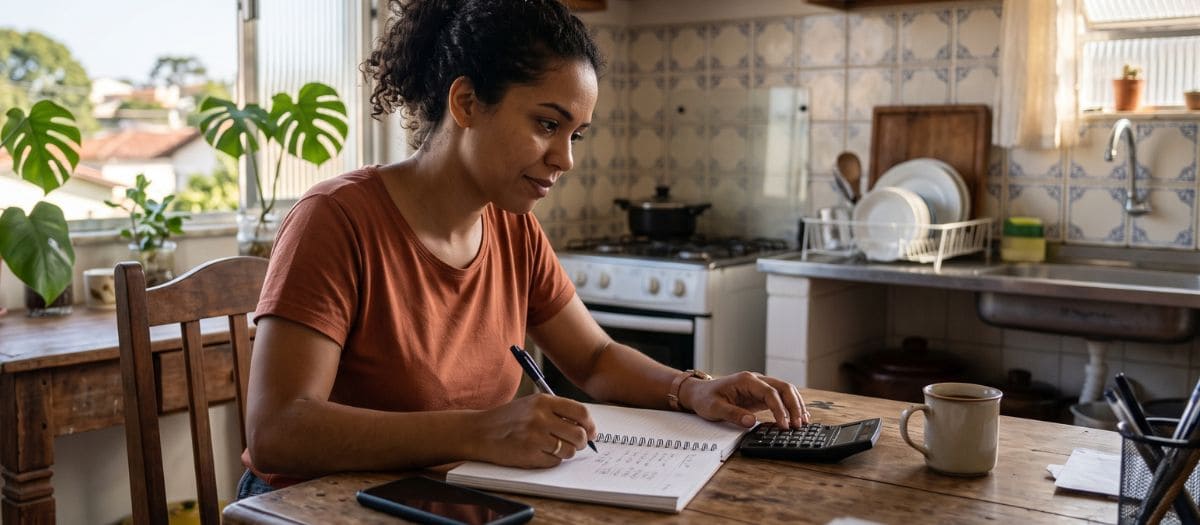 Mulher faz as contas do mês com caderno e calculadora na mesa da cozinha